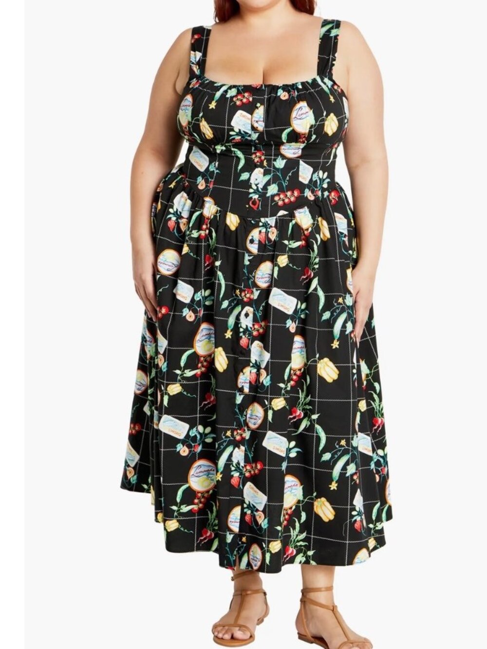 Almay Square Neck Button Front Stretch Cotton Sundress Picnic Print